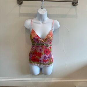 Hale Bob Floral Mesh Cami Top – Pink Multi, Beaded XS